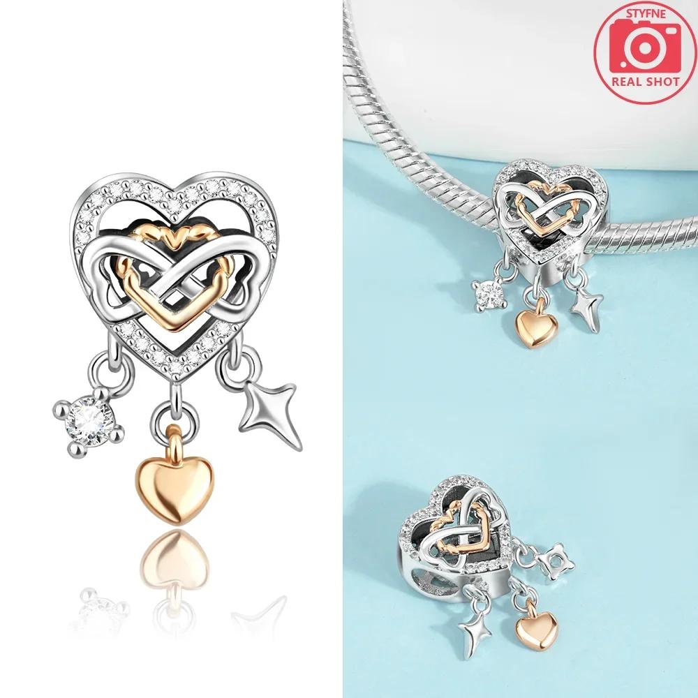 Infinite Pink Heart Zircon Crown Pendant Original Copper Charms Beads Fit Bracelet Women Jewelry Diy Gift Accessory Making