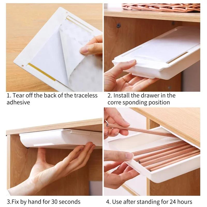 Hidden Storage Box SelfAdhesive Storage Drawer Box Under Desk Storage Holder Slidee Out Drawer Tray Sundries Stationery Organize