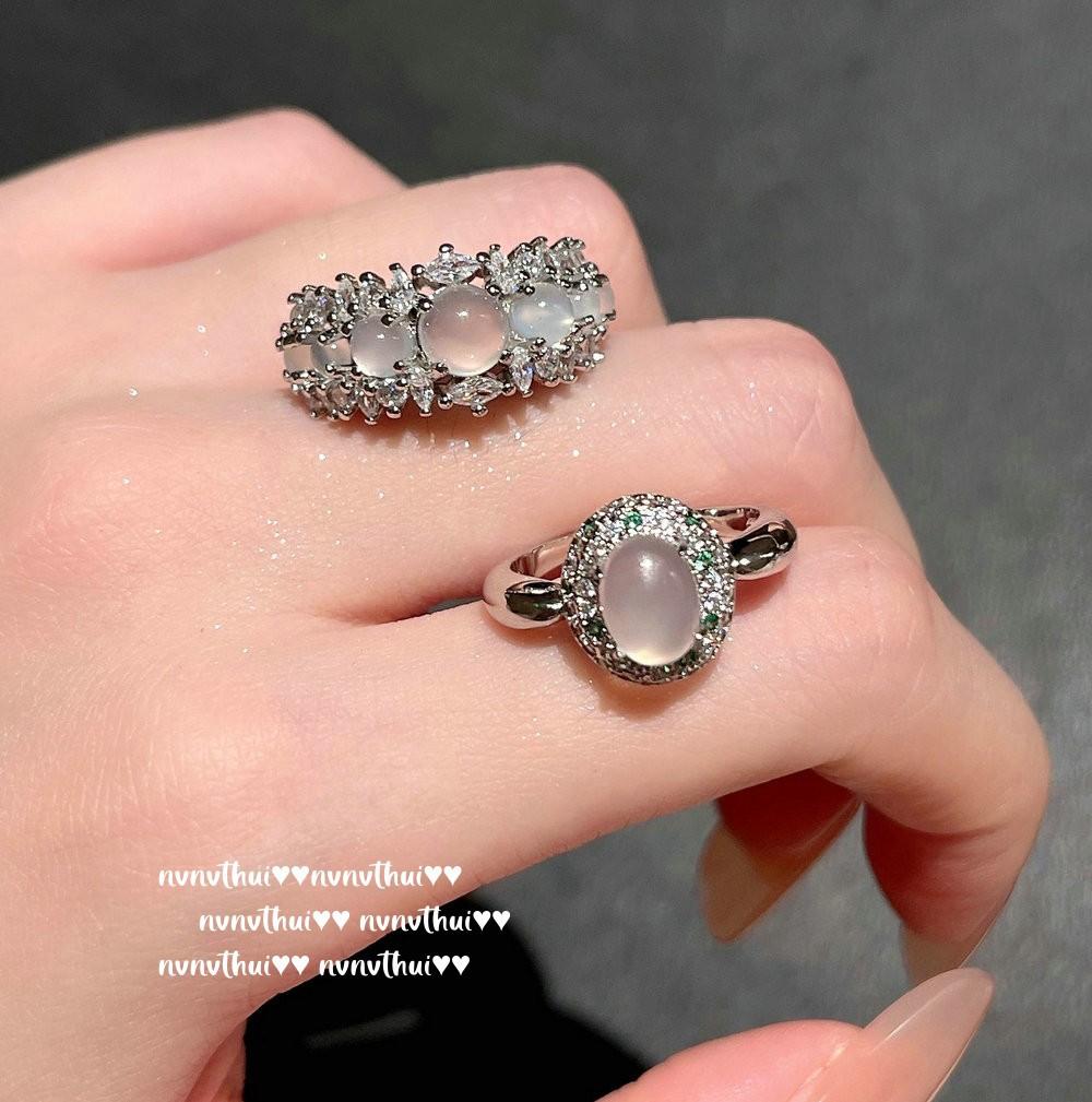 Concubine Smile Ice Chalcedony Arrangement Gemstone Ring, New Chinese Style, White Chalcedony Pink Diamond Pigeon Egg Zircon Necklace