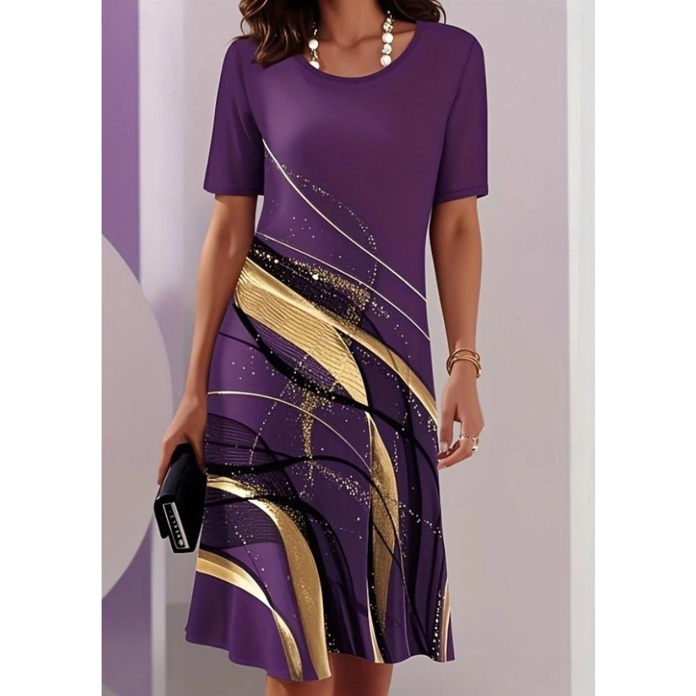 Women's Fashion Geometric Pattern Print Summer Spring Short Sleeve O-Neck Casual Dresses
