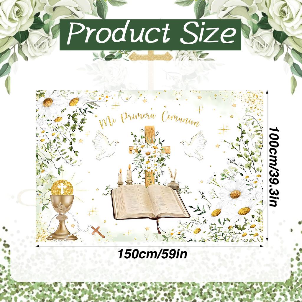 Mi Primera Comunion Backdrop First Holy Communion Baptism Party Decoration Gold Dots Daisy Christening God Bless Photography