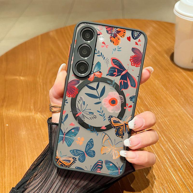 Butterfly Flowers Pattern Magnetic Phone Case For Samsung Galaxy S26 S25 Ultra S24 S23 FE S22 Ultra For Magsafe Hard Matte Cover