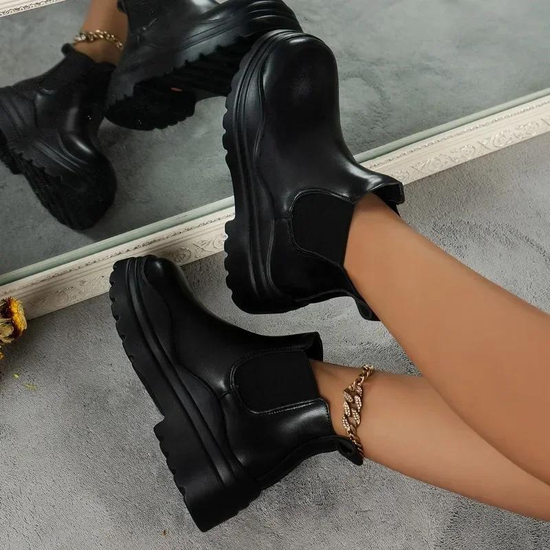 Round Head Ankle Chelsea Boots Bottom Slip-on 2024 Autumn Women New Thick Boots Women's Boots Fashion Platform Shoes Botas Mujer