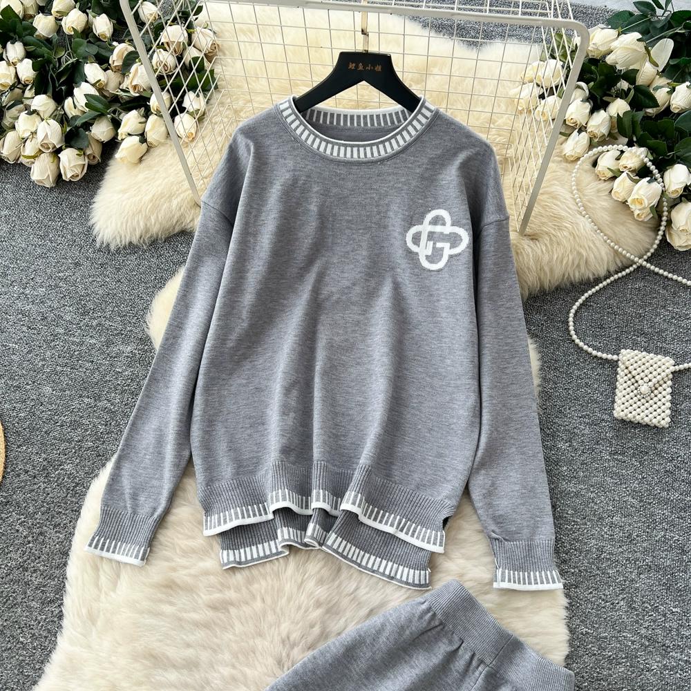 Höst Vinter Dam Casual Stickad Tröja Byxa Tvådelat Set Helärmad Pullover Toppar och Vida Ben Byxor Träningsoverall