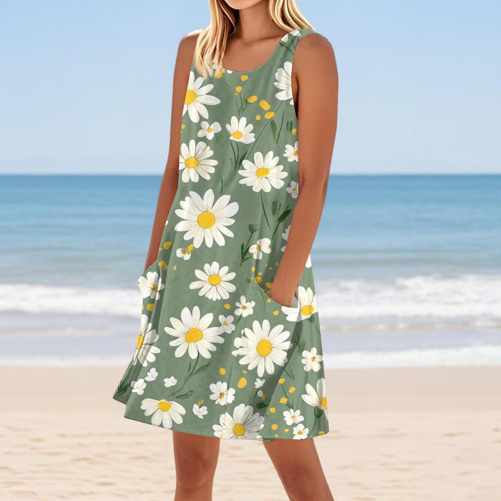 Lässiges und modisches ärmelloses, mittellanges Kleid mit Rundhalsausschnitt und Druck für Damen