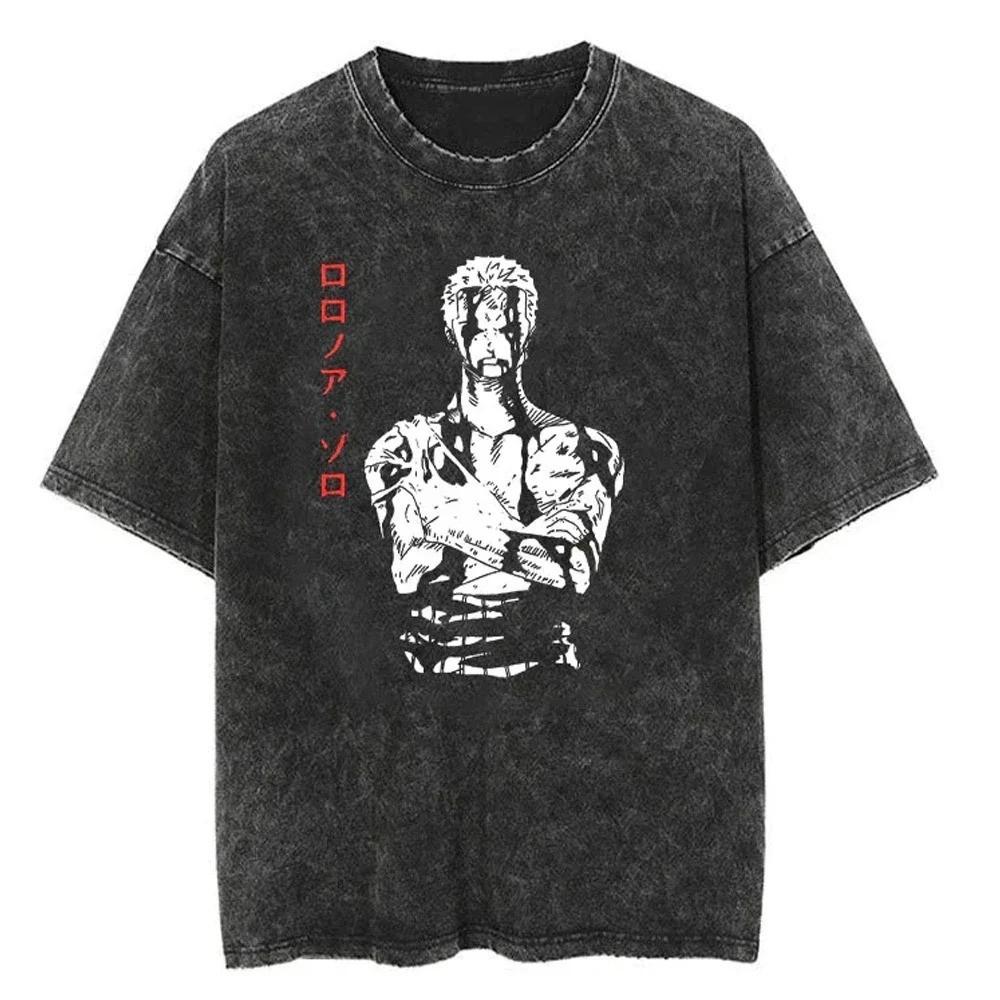 One Piece Tee Men Casual Oversized Washed Harajuku Tshirt Japanese Anime