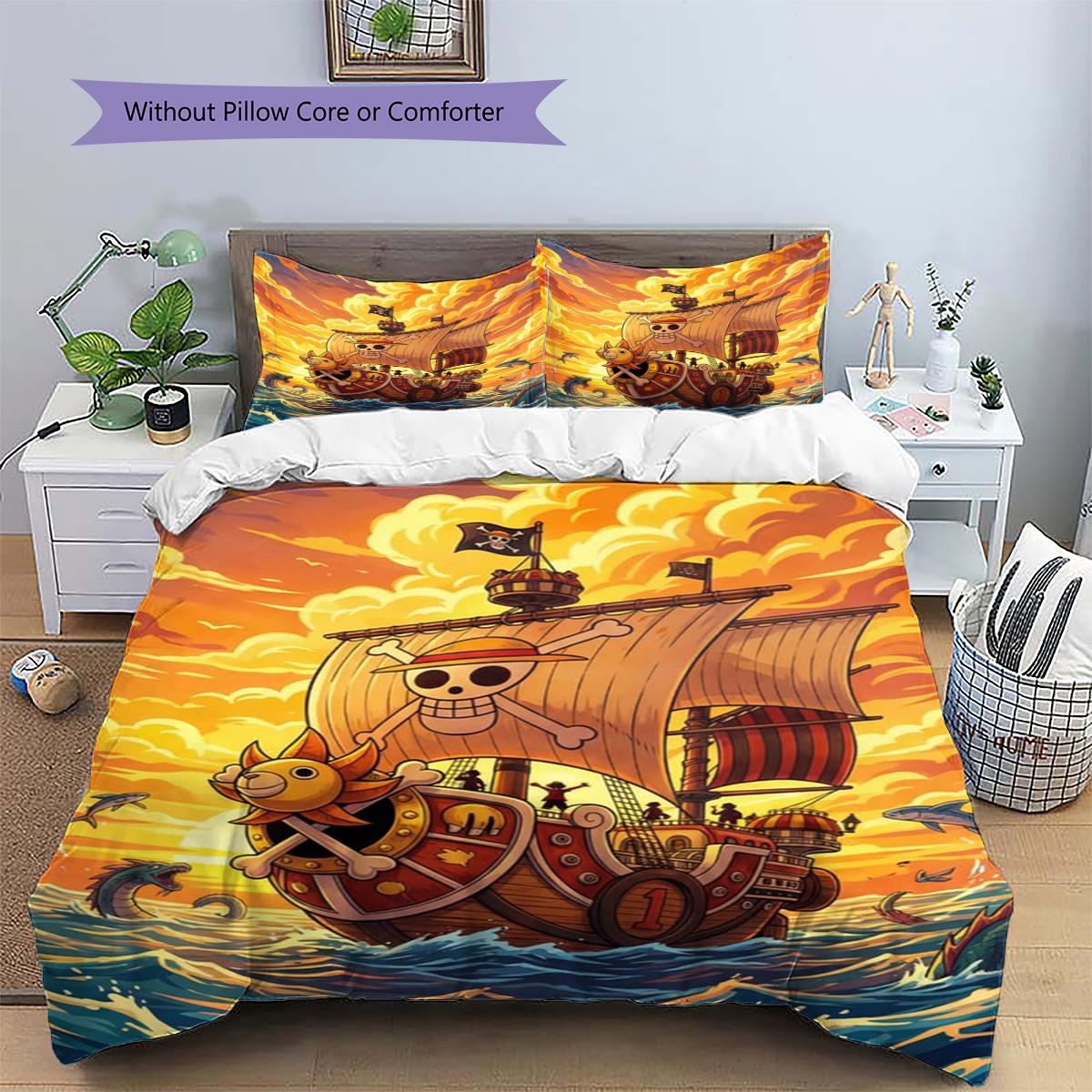 

Luffy Patterned Pillowcase & Duvet Cover Set Anime Vintage Printed Bedding for Bedroom Decoration Present.-TING 135x200cm
