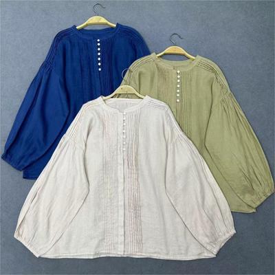 Shirt Women Spring Autumn Casual Pleated Vintage Loose O-neck Button Women Tops