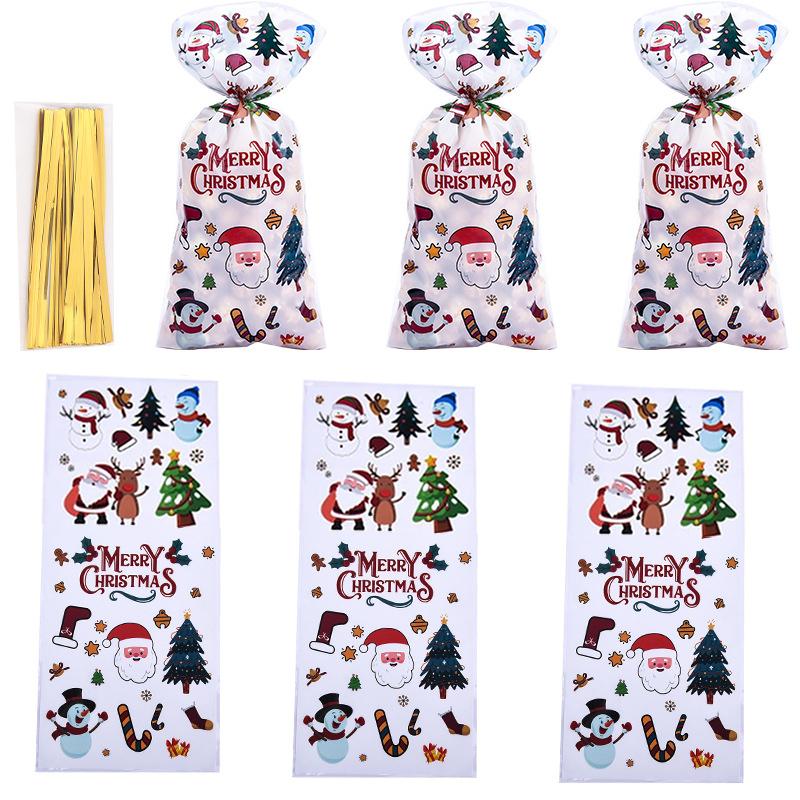 50Pcs Xmas Cookie Packing Bags With Ribbon Ties Christmas Party Treat Candy Bag Festival Party Favor Gift Printing Christmas