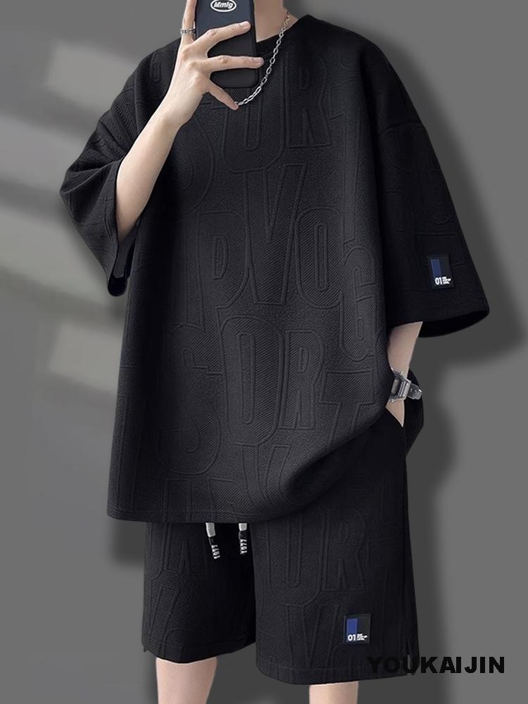 Men's Korean Summer Suit Korean Casual T-shirt + Shorts Suit Men's Tracksuit Solid Color Tracksuit Loose Suit Plus Size
