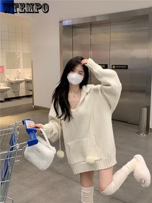 Korea Sweater Autumn Winter Vintage Solid Up Hooded Pullover Women's Long Sleeve Pockets Straight Slim Pullover