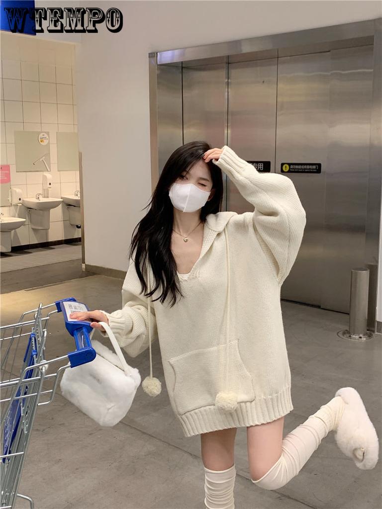 Korea Sweater Autumn Winter Vintage Solid Up Hooded Pullover Women's Long Sleeve Pockets Straight Slim Pullover