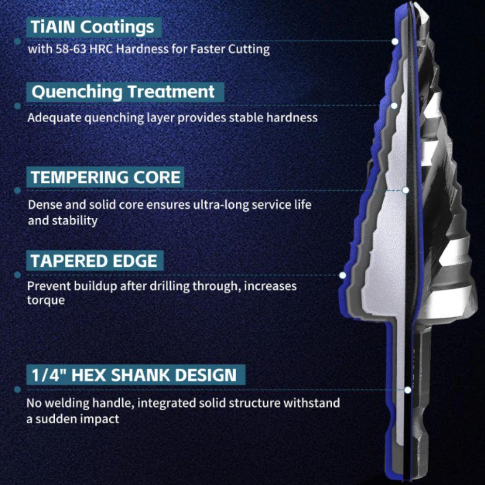 3 Piece Set Step Drill Bit Bearing Steel Stainless Steel Four Slot Expansion Drill Four Spiral Flute 5 Piece Set