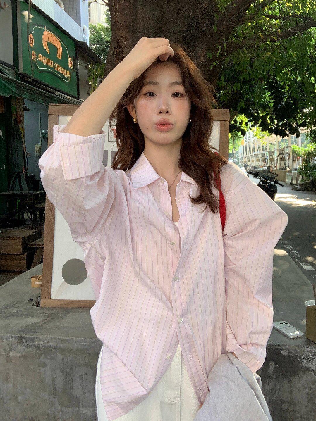 Korean Style Lemon Green Tea Striped Women s Long Sleeve Shirt - Loose, Lazy, Sun-Protective Design One Size розовый