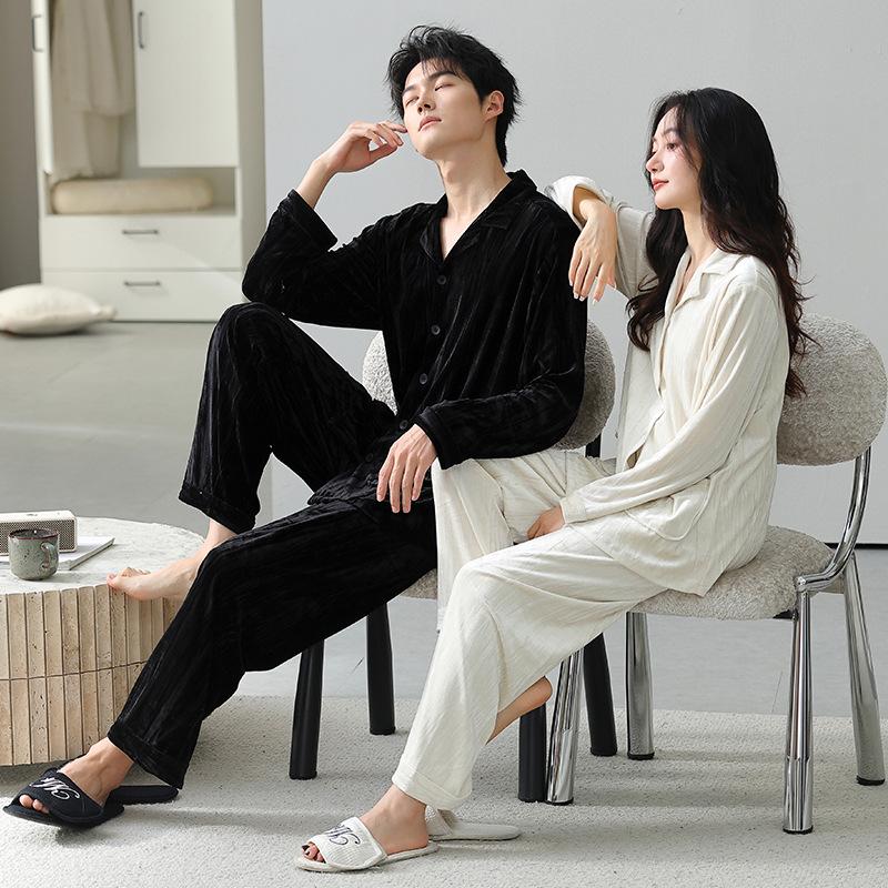Golden Velvet Couple Pajamas Women'S Autumn And Winter Long Sleeve Fleece Warm Thin Velvet Homewear Men'S Suit