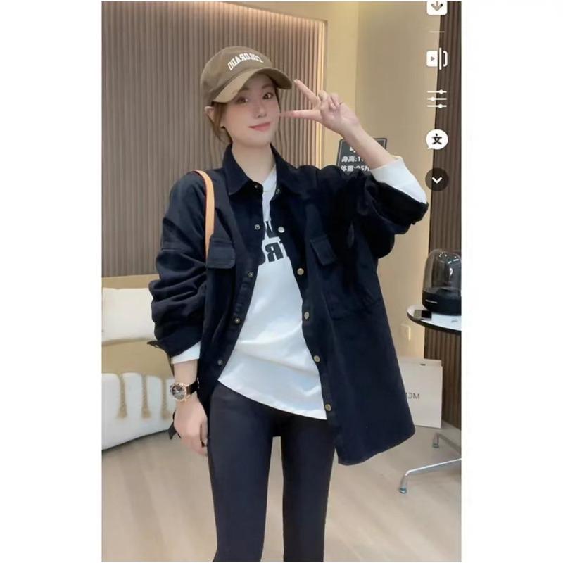 Autumn Mid-length Brushed Casual Thickened Shirt for Women with Dropped Shoulder Sleeves Large Size Stacked Polo Collar Jacket