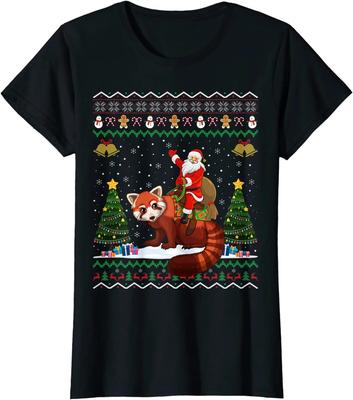Weihnachtsmann reitet auf Rotem Panda Hässlicher Weihnachtspullover Xmas Geschenk Herren T-Shirt 100% Baumwolle Rundhals Kurzarm Lässig Unisex T-Shirt