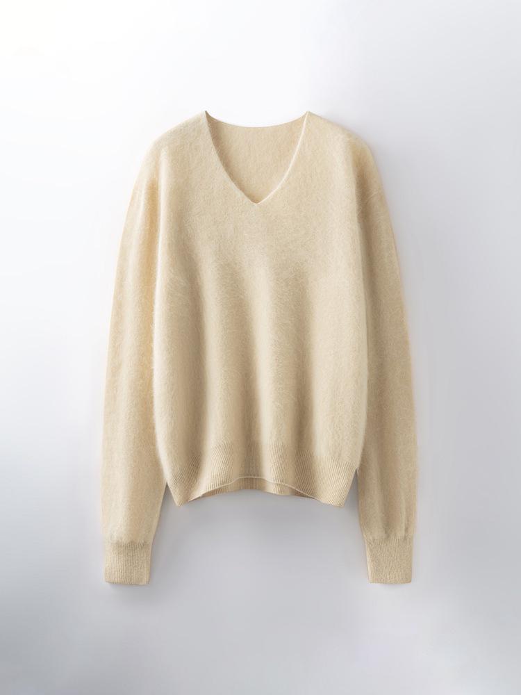 Women's Brushed Wool V-Neck Long-Sleeve Sweater: Autumn/Winter Loose Slimming Knitted Pullover Top
