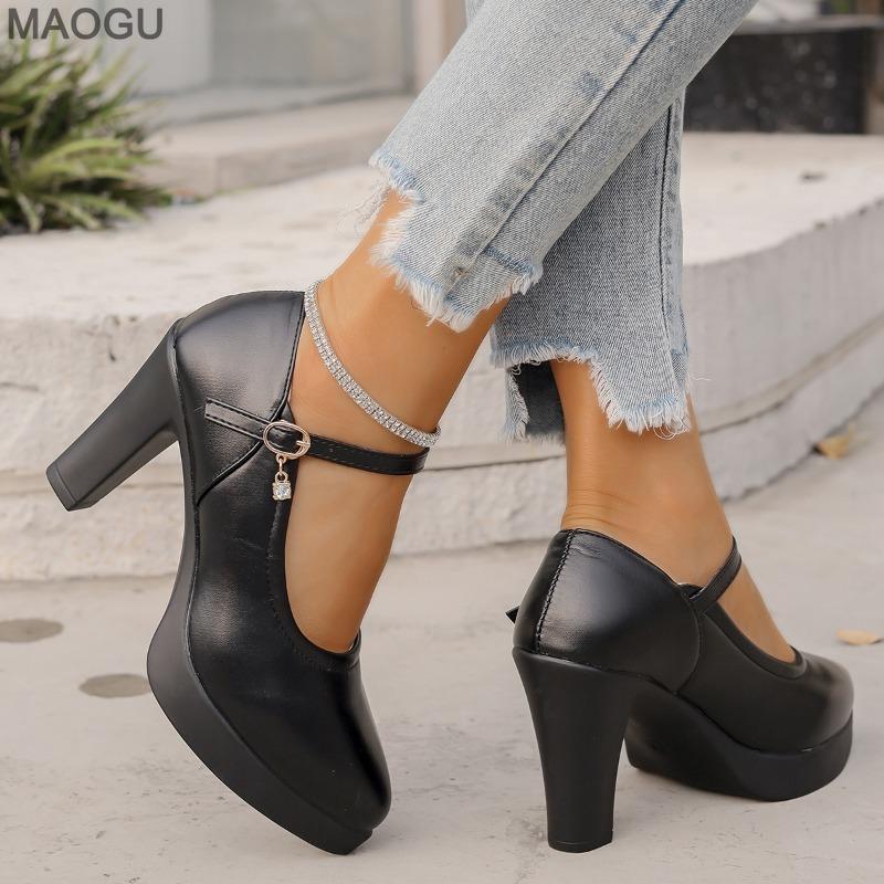 Damskie Czarne Buty Mary Jane Na Platformie Obcas Blokowy Pasek z Klamrą z Dżetami Codzienne Damskie Obuwie Modne Szpilki