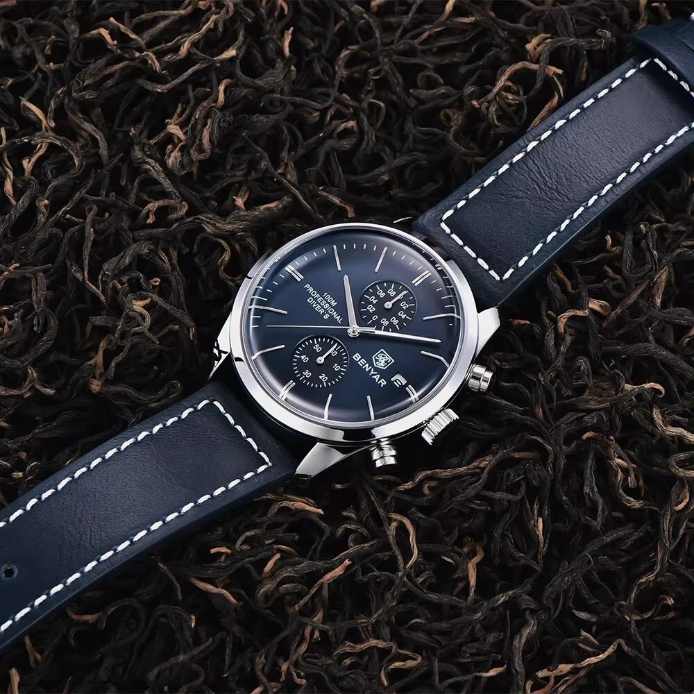 BENYAR Leather Men Quartz Wristwatches Luxury Brand 100M Waterproof Men Watch Military Sports Chronograph Watch For Men