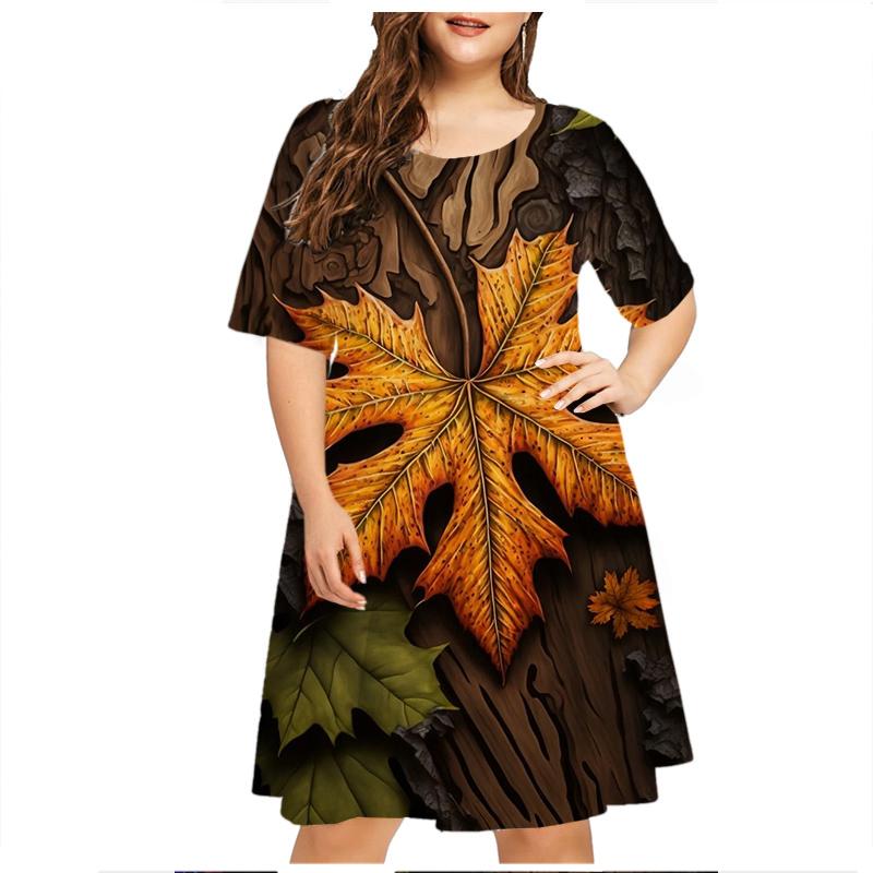Green Leaf Raindrop Women'S Dress Short Sleeve Summer Fashion O-Neck Loose Plus Size Dresses 6XL Casual 3D Print Mini Dress 5XL