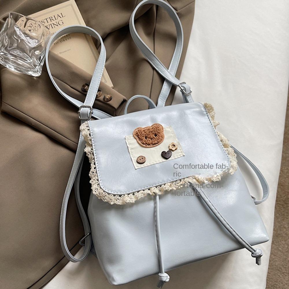 Ruffled Lace Drawstring Backpack PU Leather Cute Bear Knapsack Sweet Fashion Backpack  Outdoor