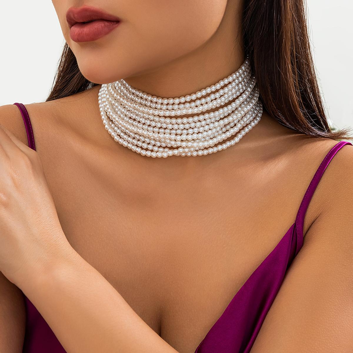 

Layered Pearl Beads Chain Short Choker Necklace for Women Exaggerated Beaded Collar on the Neck 2026 Fashion Jewelry Accessories белый