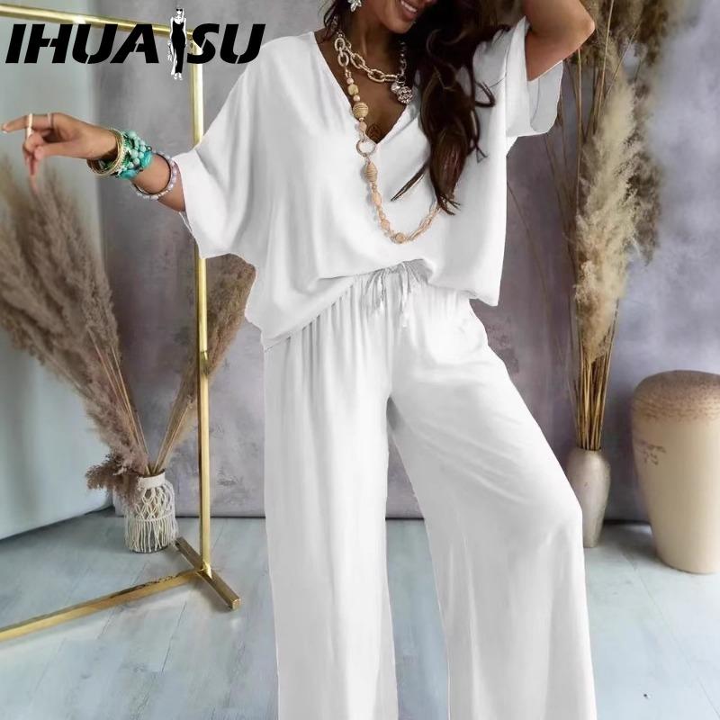 

IHUASU Women s V-Neck Bat Sleeve Casual Loose Wide Leg Pants Set S белый