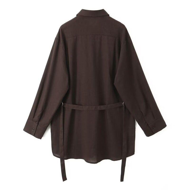 Fashion Style 24 Vintage Brown Pure Linen Mid Length Long Length Shirt Style Outwear Elastic Waist Pants 06043953717