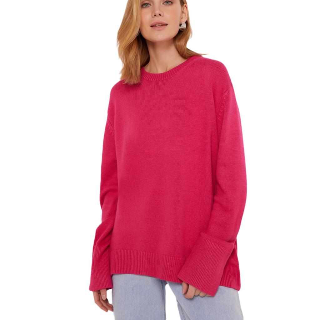 Rose Beauty A Autumn and winter women's knitted round neck loose solid color sweater