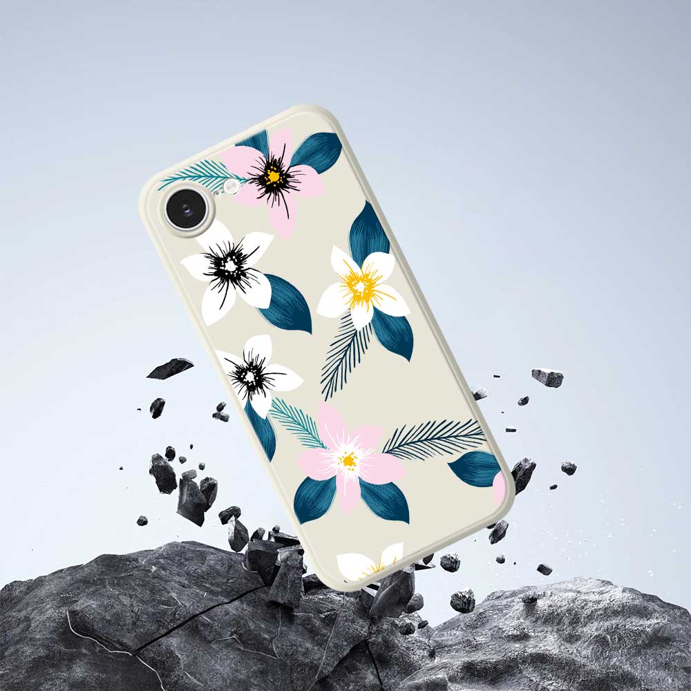 For iPhone 16e Case Pink White Flowers Blue Leaves Pattern Printing Straight Edge TPU Phone Back Cover
