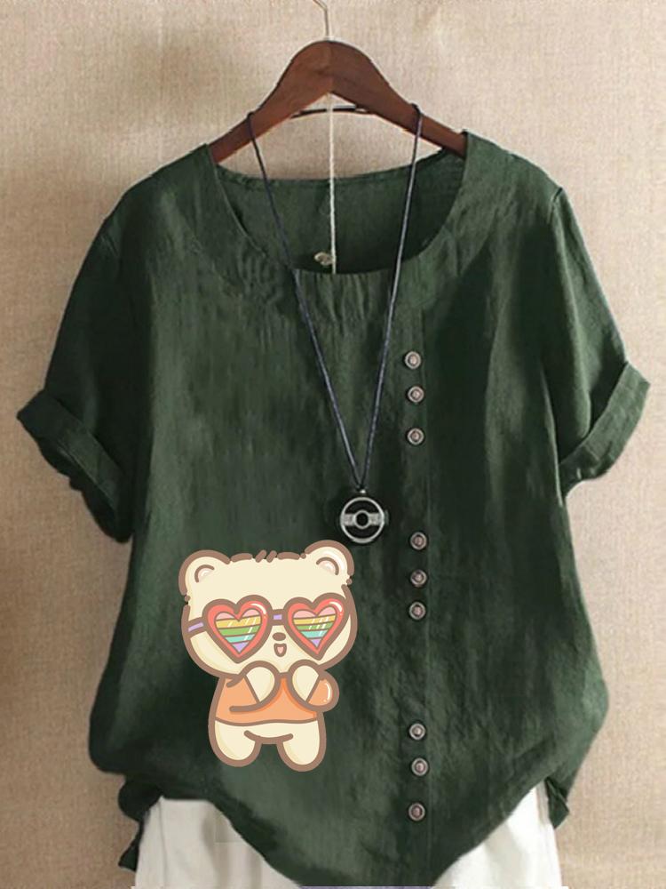 Women's Fashion Cute Cat Print Round Neck Short Sleeve T-shirt Summer Casual Cotton Linen Graphic Shirt Leisure Loose Blouse Tops