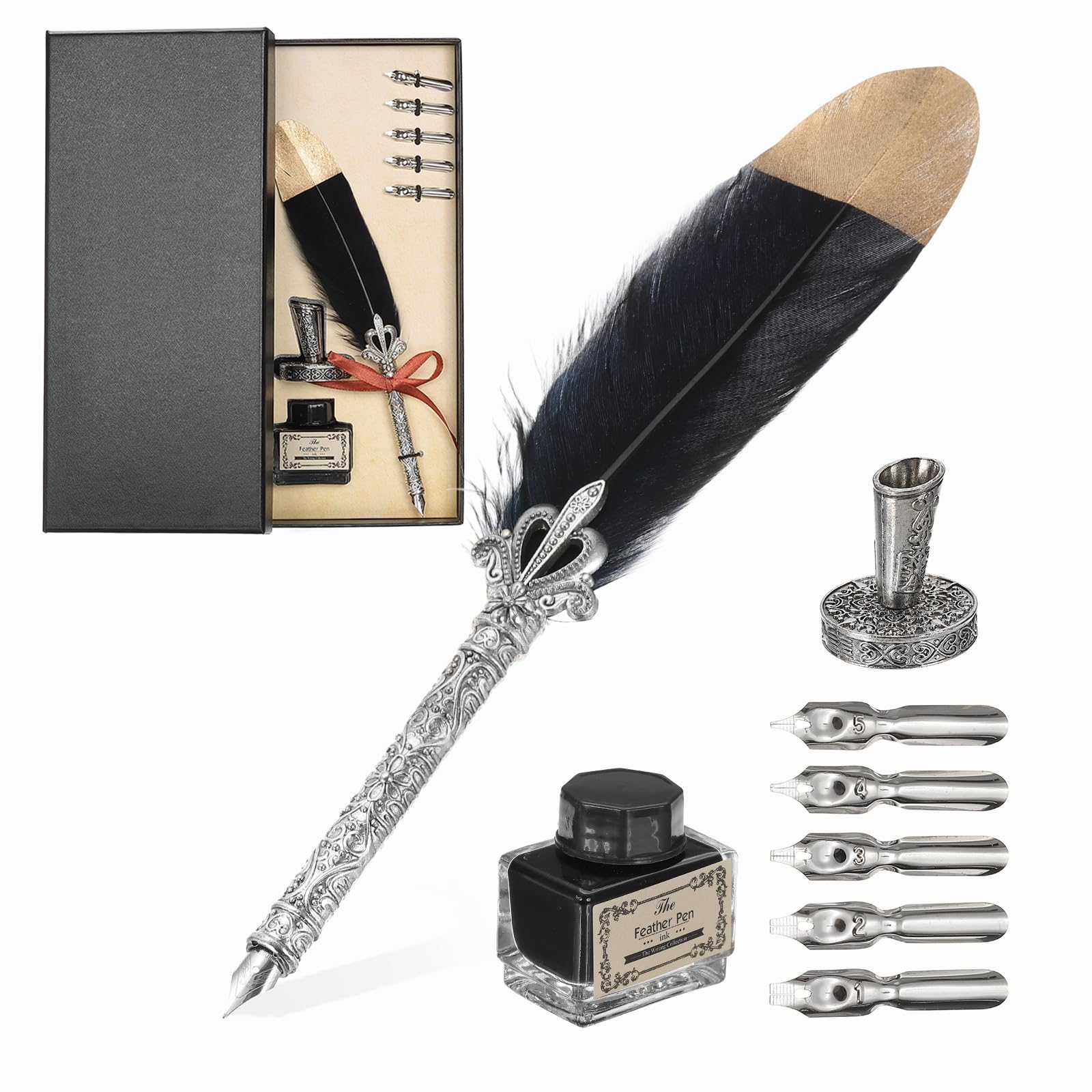 PATIKIL Feather Pen 1 Set Vintage Feather Calligraphy Pen Fountain Dip Pen Set with Ink and Pen Holder for Beginner Black with Interchangeable Nibs чёрный
