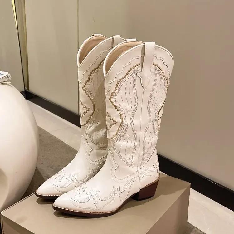 

Women Mid-calf Boots Classic Embroidered Western Cowboy Boots Vintage Pointed Thick Heel Leather Boots Fashion Women Knight Boot 35
