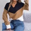 Women Casual Knit Pullover Sweater Autumn Winter Long Sleeve Polo Collar Contrast