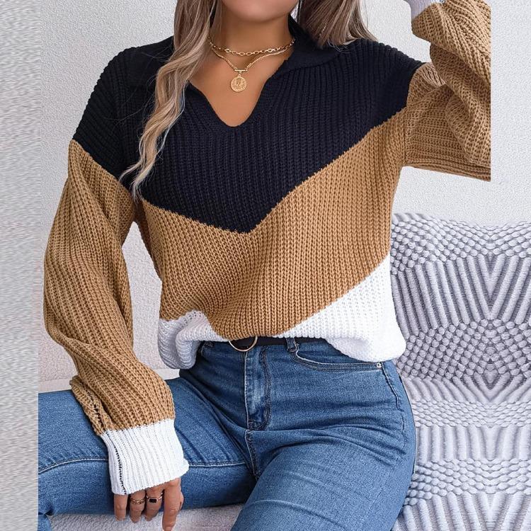 Women Casual Knit Pullover Sweater Autumn Winter Long Sleeve Polo Collar Contrast