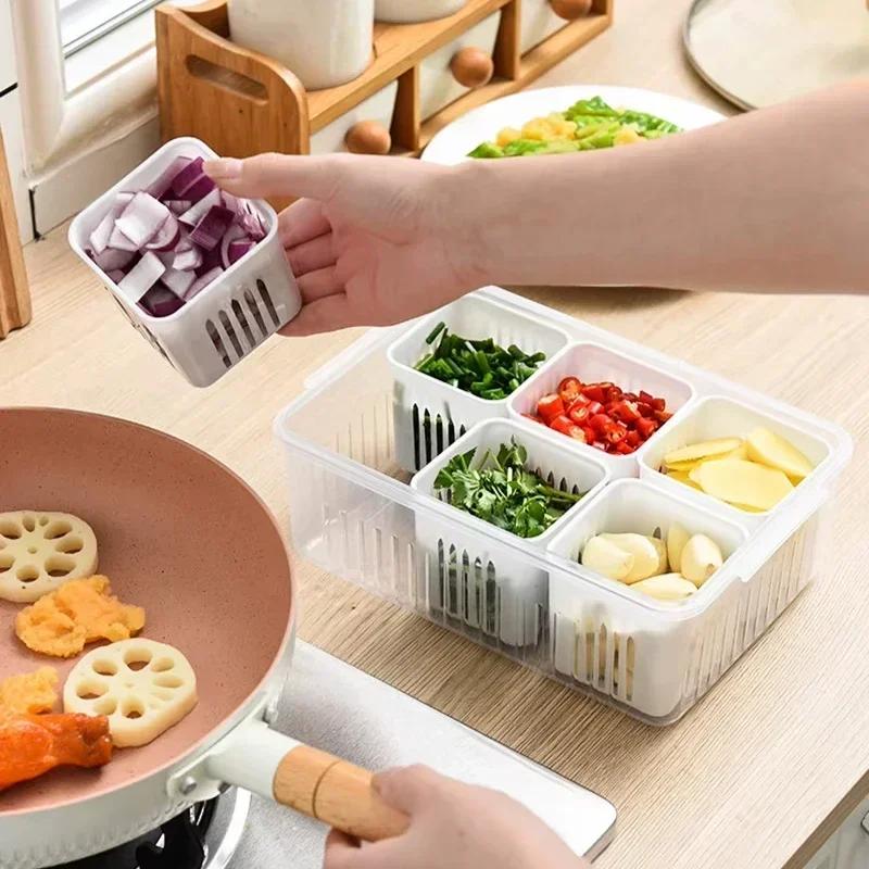 4/6 Compartments Refrigerator Storage Box, Food Vegetable Fruit Storage Box, Refrigerator Storage Rack, Drain Basket