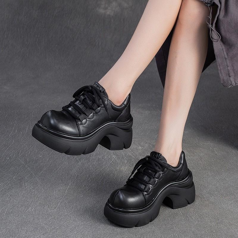 Johnature Genuine Leather Thick Soled High Heel Pumps Versatile Retro Round Toe Lace-up Women's Platform Shoes