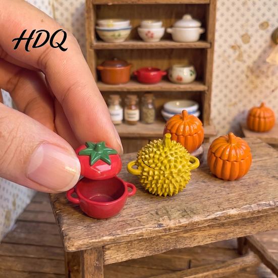 Dollhouse Food Decor Mini Fruit Shaped Stew Pot with Lid Tomato Pumpkin Durian Cooking Small Alloy Pot 1:12 Scale Doll House Kitchen Accessory,