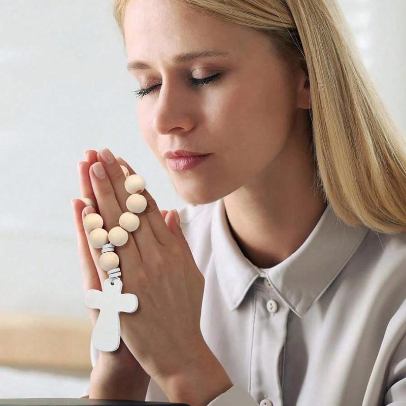 Rosary Loose Wooden Catholic Prayer Rosary With Cross Wooden Cross Pendant White Mesh Bag Used For Baptism First Communion Confirmation