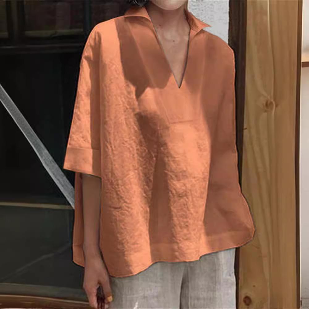2025 Spring/Summer V-Neck Cotton Linen Plus Size Loose Mid-Sleeve Women's Shirt