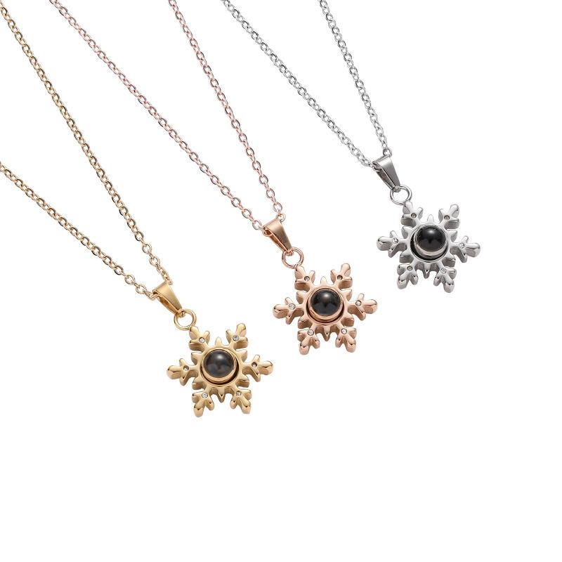 Women Korean Minimalist Snowflake Necklace Titanium Steel 100 Languages I Love You Projection Pendant Zircon Inlaid Love Memory Collarbone Jewelry