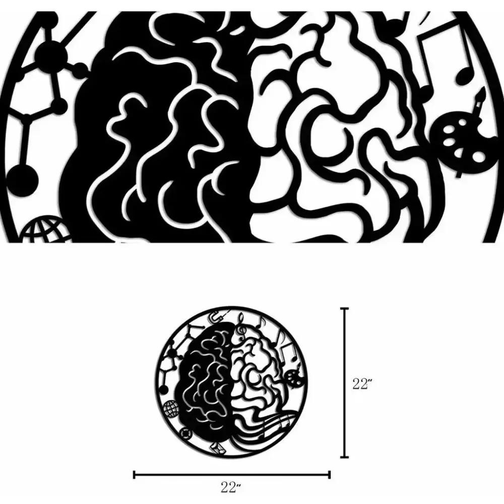 1pc Left and Right Brain Science Metal Wall Art Round 24" Black Iron Sculpture Decor Modern Home Wall Room Decoration