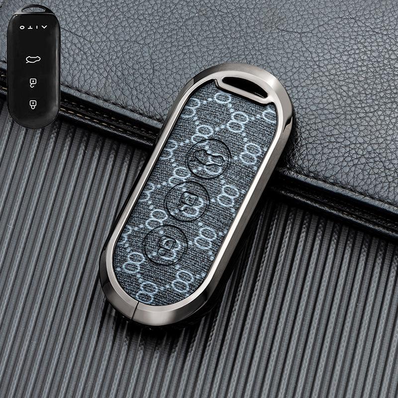 Business Style Double-Sided Leather Key Shell for AITO M7/M5 EV 2022 Model - Full Coverage Metal Car Key Case