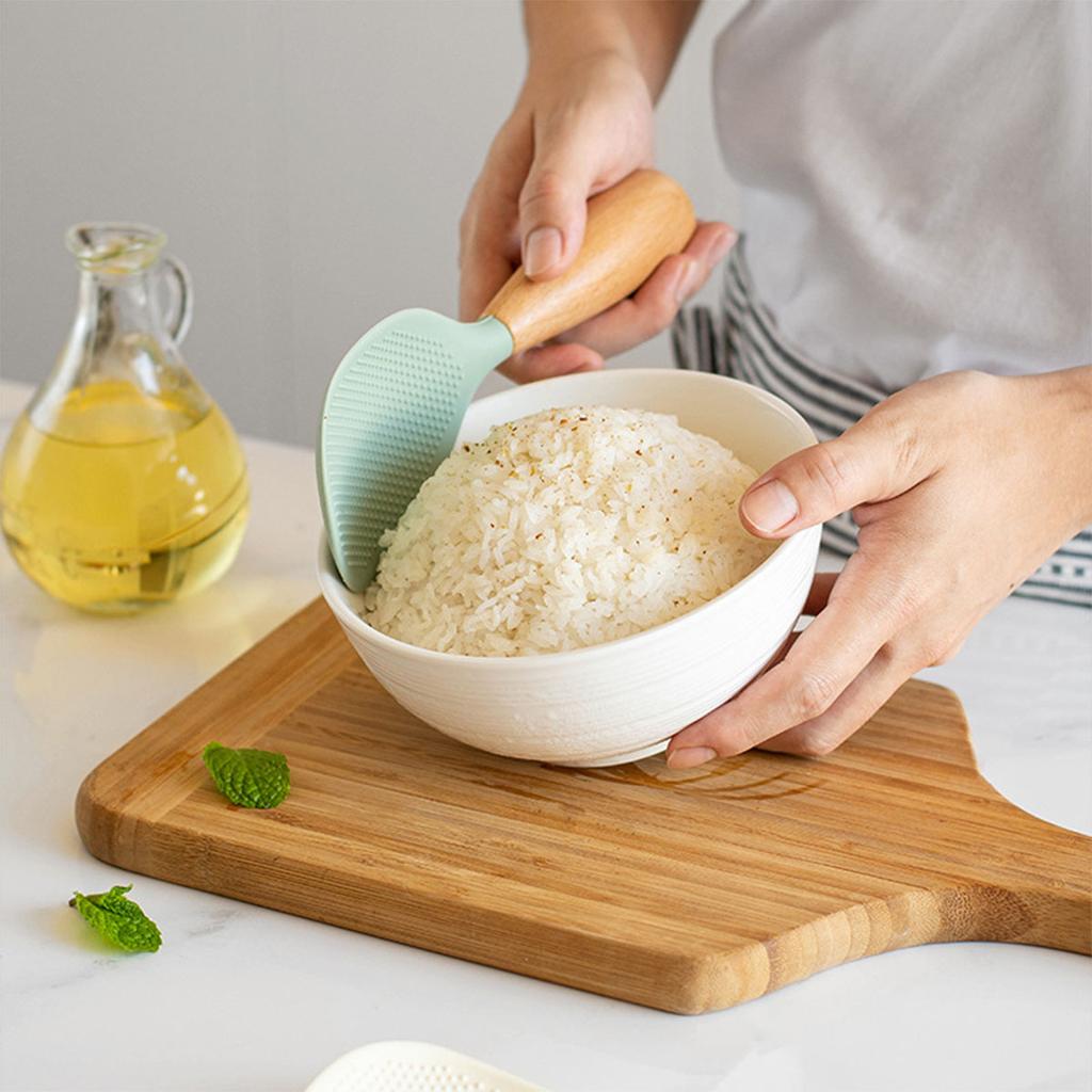1pc Silicone Rice Serving Spoons with Wooden Handle Heat Resistant Rice Spoon Nonstick Standing Rice Ladle Scooper