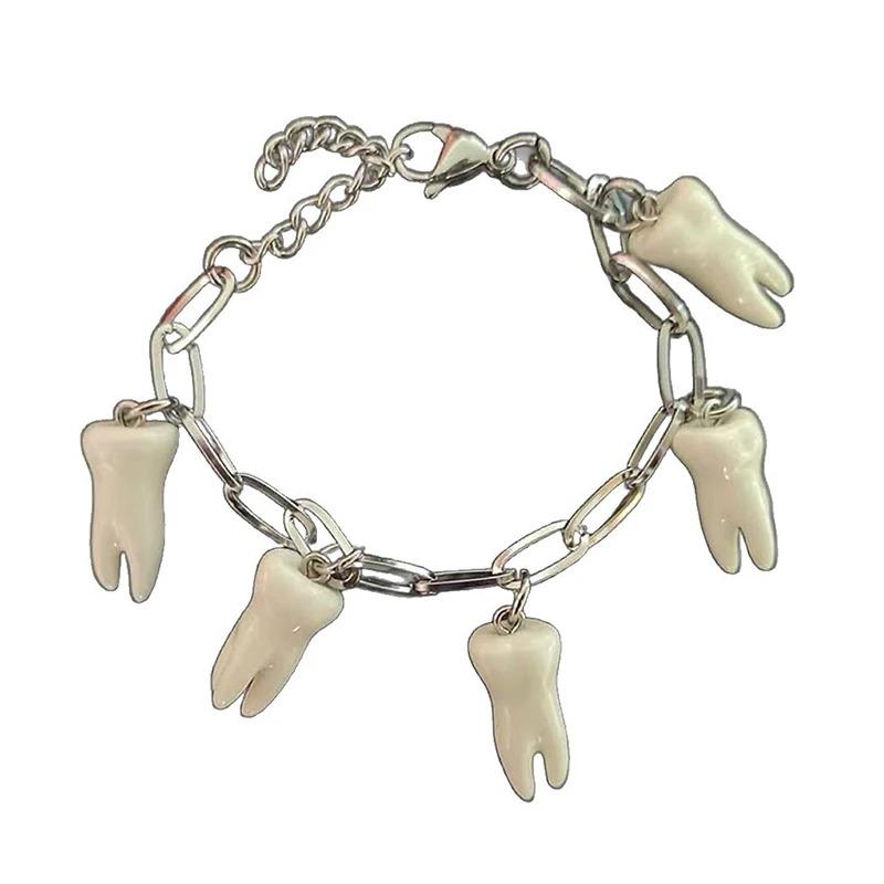 

Trendy Unique Stainless Steel Bracelet Teeth Charm Bracelet Gothic Bracelet Jewelry for Women Men Punk Skull Tooth Chain Gift