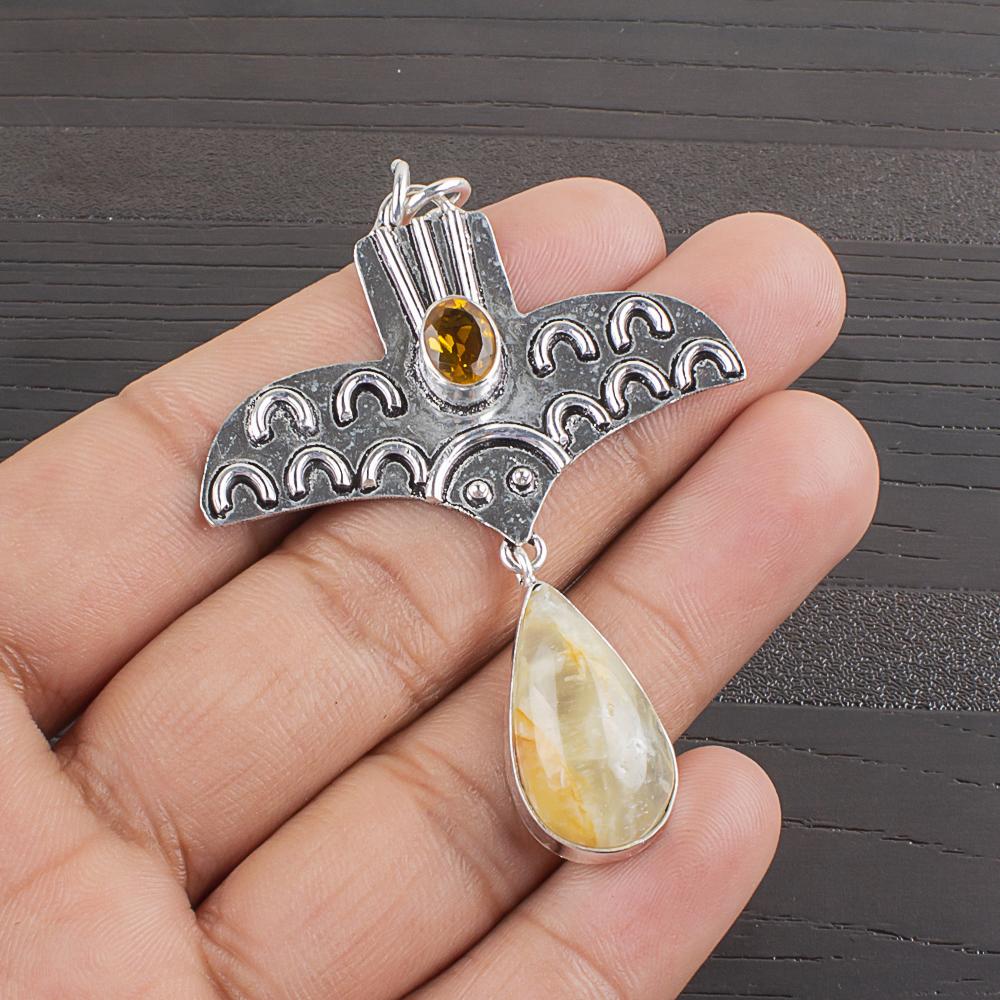 Gemma Naturale Acquamarina Gialla Gioielli in Argento Sterling 925 Ciondolo 2,45" AJP-2319