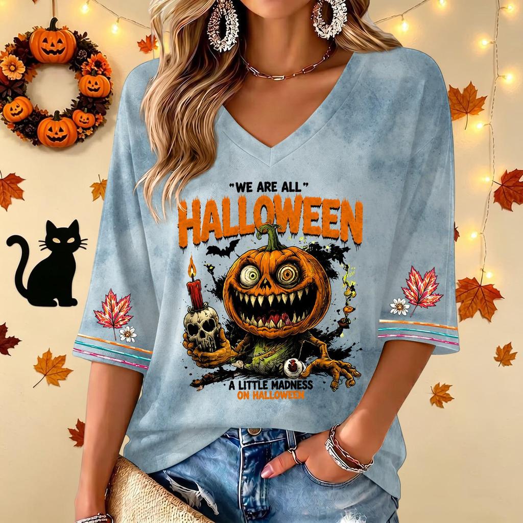 Women's V-Neck Three-Quarter Sleeve Casual Top with Halloween Print