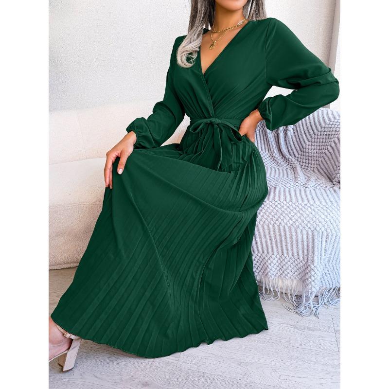 VEZFAA Women's Fashion Summer Spring Solid Color Print Long Sleeve V-Neck High Waist Casual Dresses