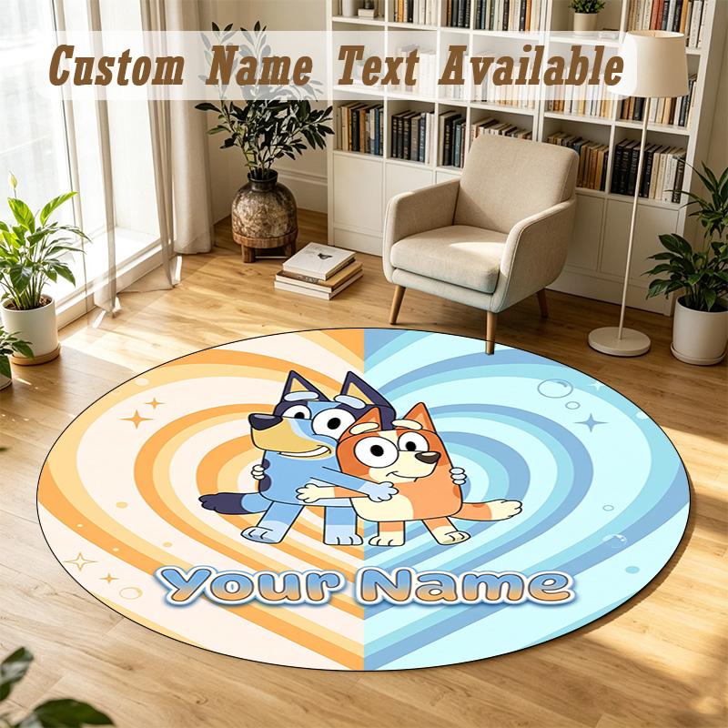 Round Rug Custom NameBluey Pattern Non Slip Carpet Home Floor Decor